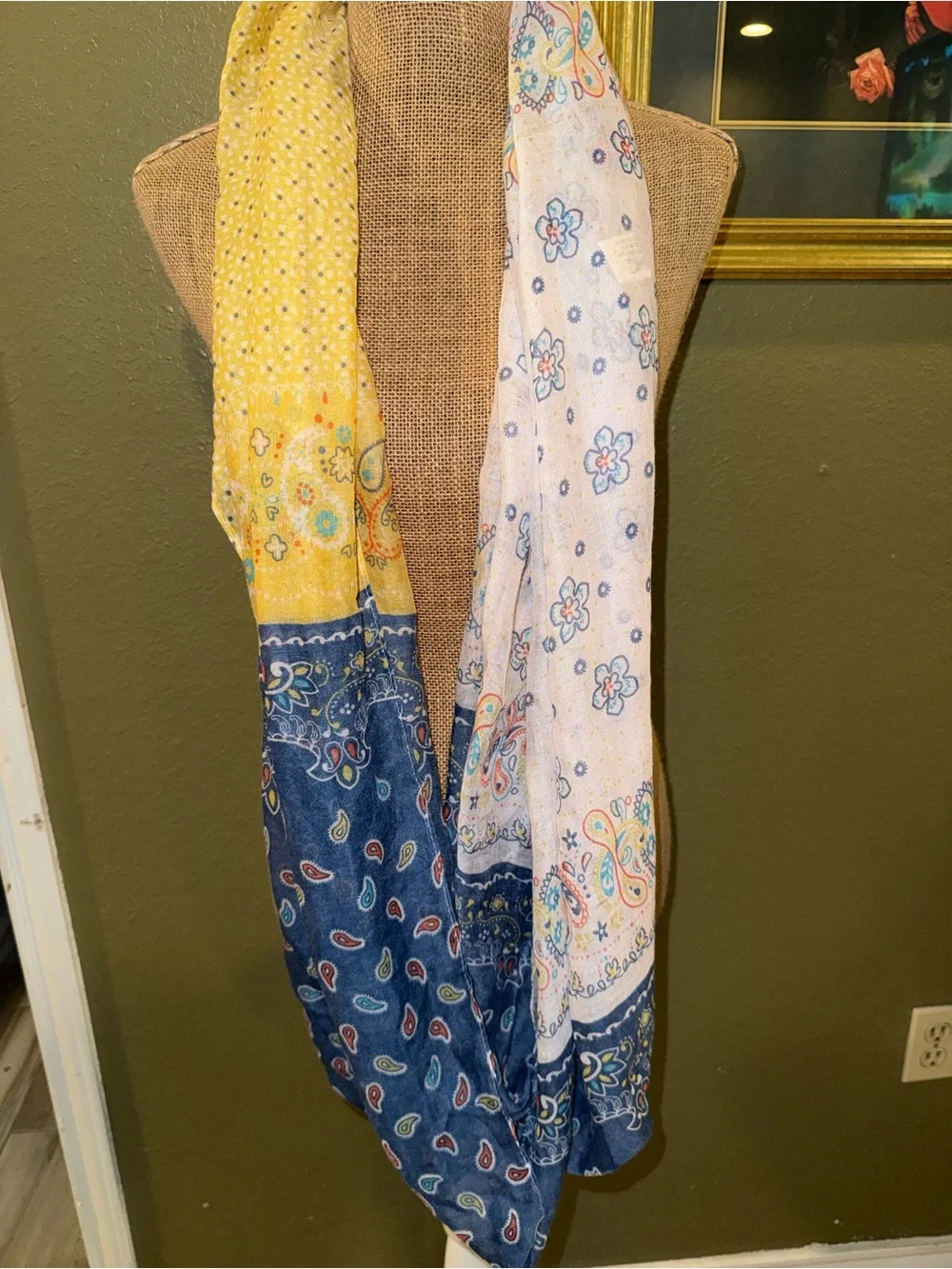 Boho Patchwork infinity Scarf in Yellow, White & Navy
